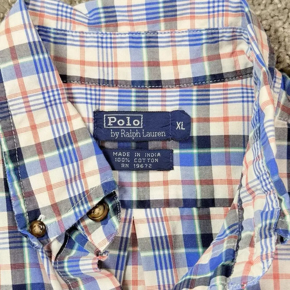 Polo Ralph Lauren Mens XL Short Sleeve Shirt Blue Pink Plaid Button Np Navy Pony